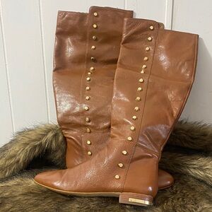 Michael Kors Tan Leather Over the Knee Boots with Gold Studs